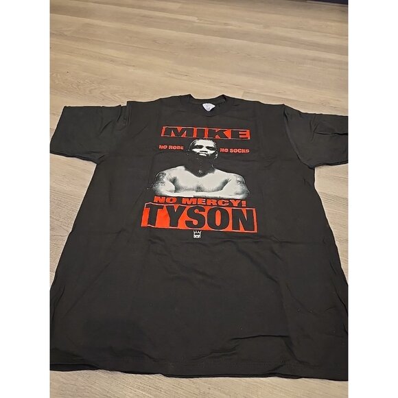 Vintage  Mike Tyson T Shirt 90s Black No Robe Shoes NO MERCY Don King DEADSTOCK - Picture 2 of 6
